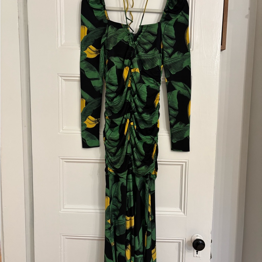 Ganni Tropical Leaf and Banana Print Long Sleeve Dress